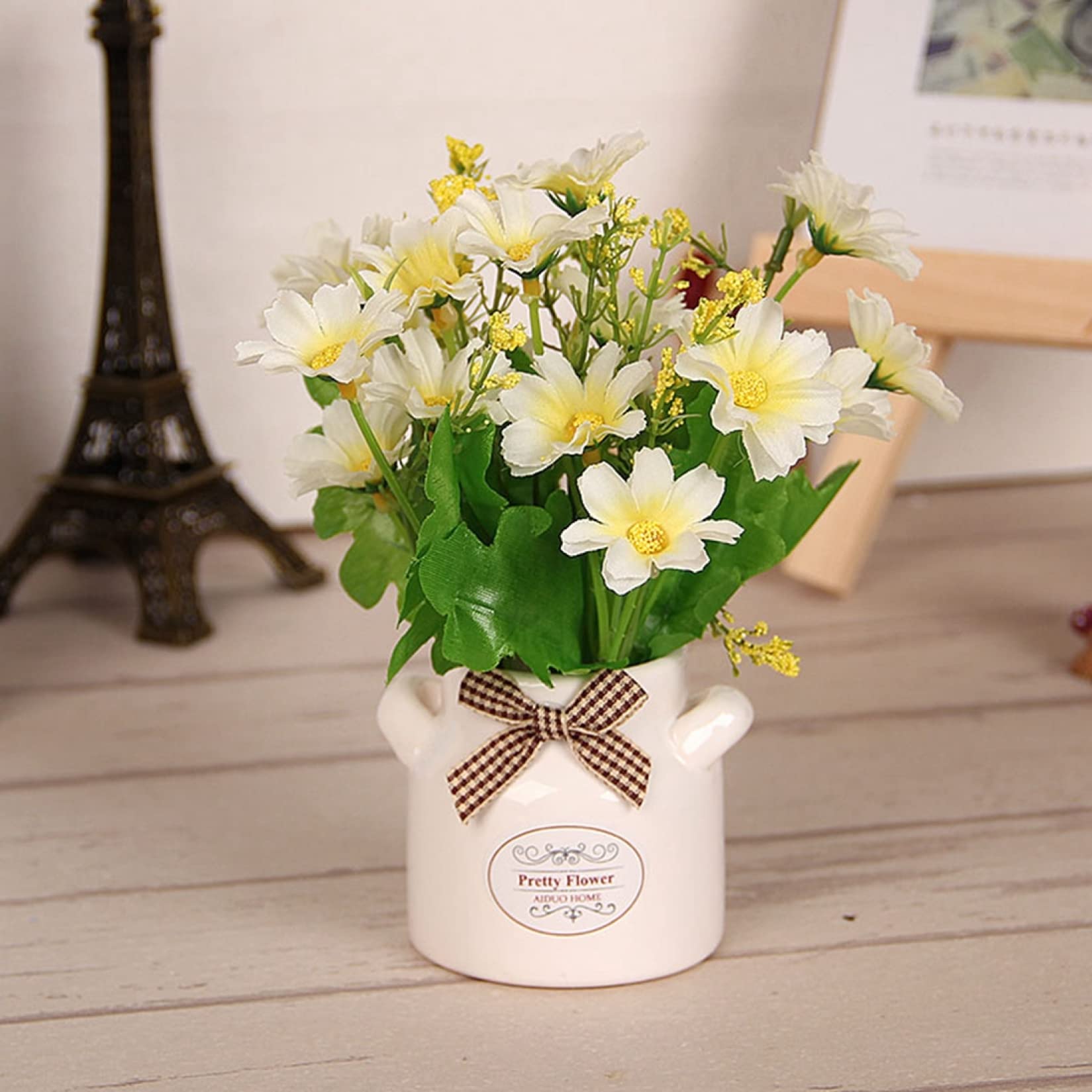 Amazon｜デージー 造花 雛菊 田園風 セラミック花瓶付き かわいい